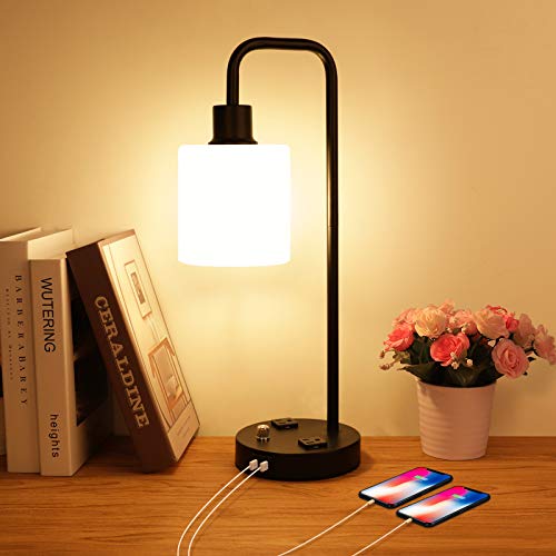 Escolite Industrial Table Lamp with 2 USB Port and Outlet Fully Stepless Dimmable Modern Nightstand Lamps, White Glass Shade Bedside Lamps for Bedroom Living Room Office, 6W 2700K LED Bulb Included