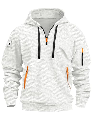 Kissonic Men's Quilted Hoodies Casual Long Sleeve Quarter Zip Tactical Pullover Sweatshirt with Pockets