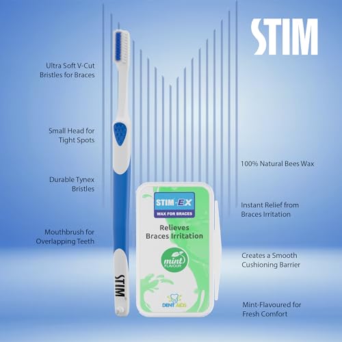 Image of STIM Ortho MB Toothbrush Combo for Braces Care | Supersoft Bristles for Orthodontic Cleaning | Includes Wax Strip for Braces Irritation Relief