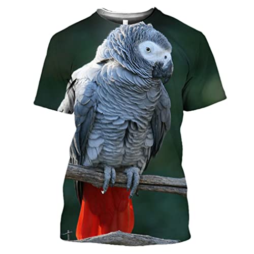 T-shirt perroquet gris imprimé 3D col rond manches courtes Harajuku en taille S