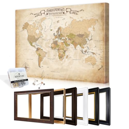 Image of DECORARTS - Oversized Personalized World Travel Map with Pins, Custom Name, Pin Board Canvas Wall Art, Antique Old World Decor, Optional Wood Frame, Giclee Print, Handcrafted in USA, 40x30''