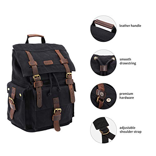 Kattee-Mens-Leather-Canvas-Backpack-Large-School-Bag-Travel-Rucksack-for-17-Laptop-Black