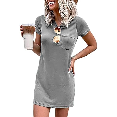 Ladiyo Women T Shirt Dress Summer Fashion Mini Dress Crew Neck Short Sleeve Dress Solid Color Casual Dress with Pocket Cover