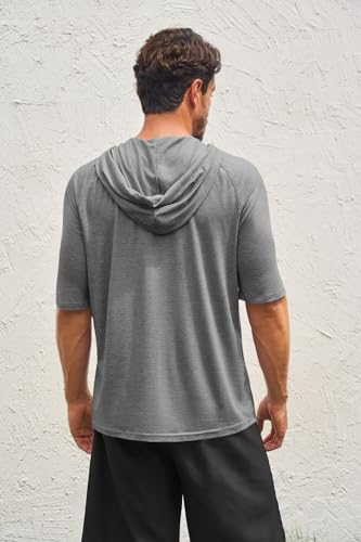 Men's Thin Hooded T Shirt Sweatshirts Short Sleeve Cool Solid Color Pullover Hoodies with Kangaroo Pockets3