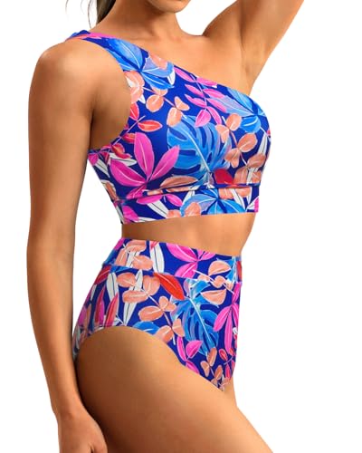 Image of Holipick Women One Shoulder High Waisted Bikini Sets Two Piece Swimsuit Tummy Control Bathing Suit Full Coverage Swimwear