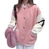 [one's one] ワンズワン スタジアム ジャンパー スタジャン 裏 起毛 秋 冬 アウター ゆったり リブ 袖 韓国 風 レディース (ピンク,XL)