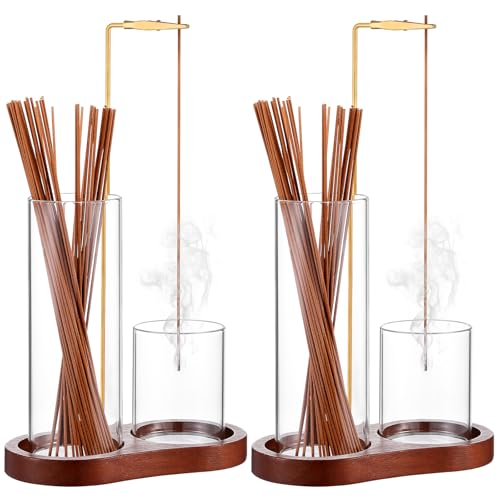 Image of 2Pcs Wooden Upside Down Incense Holder for Sticks with Removable Glass Ash Catcher 2-in-1 Incense Holder for Yoga Spa Madiation home decor (Brown)