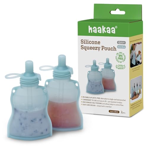 haakaa Silicone Yummy Pouch 4.5 oz Reusable Silicone Snack & Smoothie Pouch Refillable Leak-Resistant Dishwasher Safe Eco-Friendly Food Storage for Kids & Toddlers (2-PK Mist Blue)