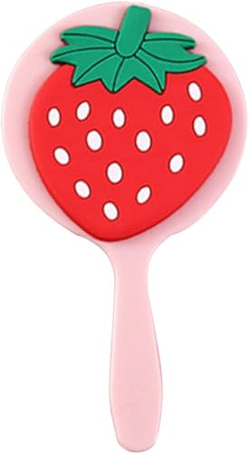 HEALLILY Lindo espejo de mano portátil con mango pequeño, bonito espejo de maquillaje de fresa de goma, espejo de tocador de viaje para mujeres