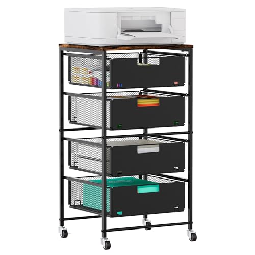 EasyPAG Rolling Storage Cart with 4 Drawers, Under Desk File Cabinet on Lockable Wheels, Moviable Hanging File Folder Organizer with Wooden Printer Stand for Home Office