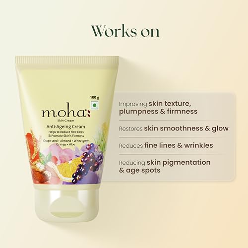 Image of Moha Anti Ageing Cream for Fine Line & Wrinkles | Restores Skin Firmness & Reduces Pigmentation | Enriched with Grapeseed Oil, Aloe Vera & Wheat Germ for Collagen Boost & Radiant Glow | Dermatologically Tested for All Type of Skin - 100g (Pack of 2)