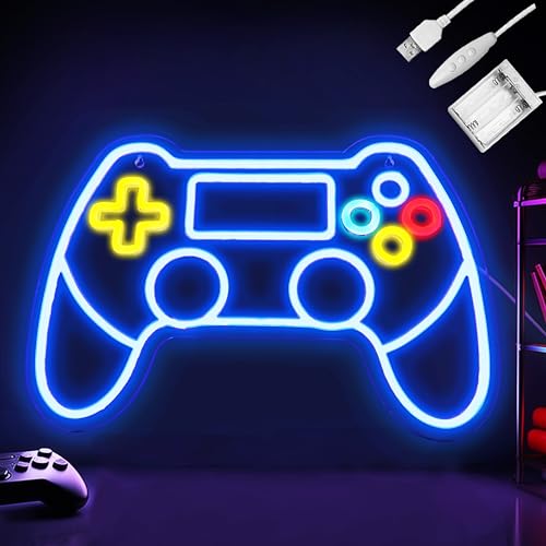 Gamepad-Neonschild, Gaming Zimmer Deko, Batterie- oder USB-betrieben für Wanddekoration, einstellbare Helligkeit, Gamepad Neonlicht (42 x 28,5 cm)
