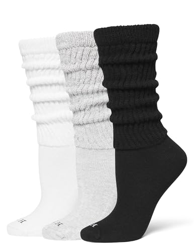 HUE Women's Slouch Sock 3 Pair Pack, White/Light Charcoal Heather/Black, One Size