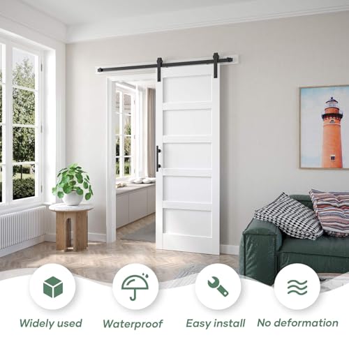 Image of 32x84 inch White Barn Door with 5.5FT Sliding Door Hardware Kit Included & Handle,Solid,MDF,PVC Surface,DIY Assembly,5-Panel,Fit 29in-30in Opening