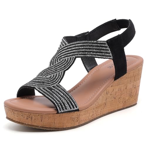 Wide Width Wedge Sandals for Women, Comfortable Ankle Strap Open Toe Summer Shoes Platform Wedge Dressy Women Sandals. 10.5 X-Wide Black 8012