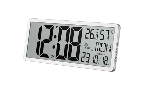 tchnoline WS8135 Horloge murale numérique moderne radio-pilotée avec grand affichage, cadre mince, température, humidité, jour de la semaine, date, couleur : argent, dimensions 36,9 cm x 22,9 cm x 2,4