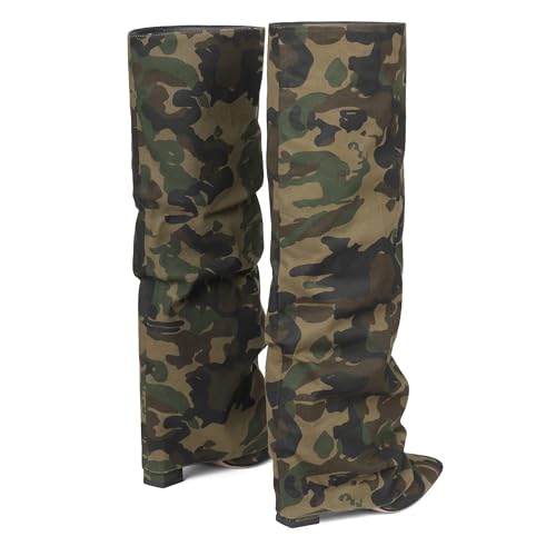 Image of SaraIris Women's Slouchy Knee High Boots - Black, Pointed Toe, Fold Over, Chunky, Shark Boots