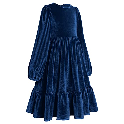 Velvet Dresses For Girls Navy Blue Velvet Fall Winter Casual Dress Kids Vintage Velvet Long Sleeve A-Line Midi Dresses Little Girls Princess Party Velvet Ruffle Dress Navy Blue 11-12 Years #TOP1