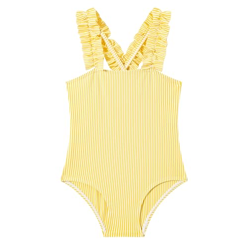 Image of LIZENS Girls One Piece Swimwear Pink Stripe Ruffled Shoulder Straps Girls Swimsuit Size 2-12