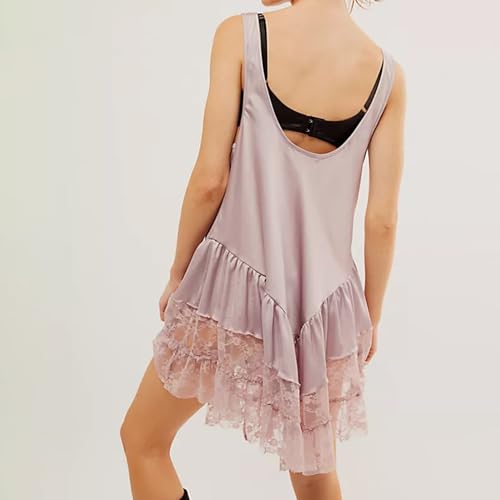Image of Luckinbaby Women Y2k Mini Dress Lace Flowy Short Tank Dress Backless Ruffle Spaghetti Strap Sleeveless Slip Under Dress