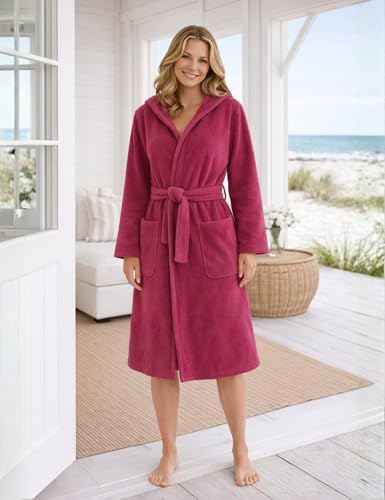 Morgenstern Bademantel Damen mit Kapuze 100% Baumwolle Frottee OEKO-TEX® Morgenmantel Marina Fuchsia Gr. L