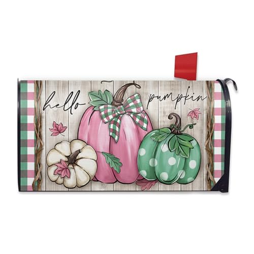 Image of Fall Hello Pumpkin Welcome Mailbox Cover Magnetic Standard Size 21 inch x 19 inch, Pink Autumn Thanksgiving Decorative Post Letter Box Wrap Decor, Plaid Farmhouse Rustic Garden Yard Outdoor Decoration