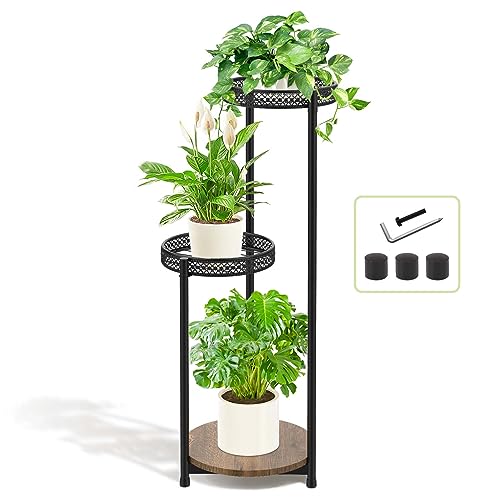 KAZITOO 3 Tier Metal Plant Stand Pot Stand Indoor Outdoor, 76cm Corner Plant Holder Plant Shelf for Flower Pots, Modern Plant Holder Display Rack with Wooden Plate for Garden