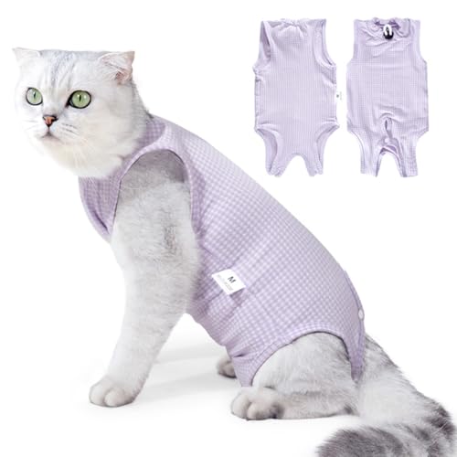 YOASONEK 猫 術後服 術後ウェア 猫の服 手術後 介護服 皮膚保護 不妊手術 傷口保護 避妊 傷舐め 引っ掻き防止 手術用 男の子 女の子 兼用 (パープル, S)