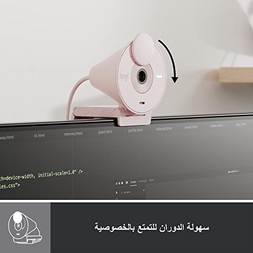 Logitech Brio 300 Webcam Full HD avec confidentialité, micro à réduction de bruit, USB-C, Certifié pour Zoom, Microsoft Teams, Google Meet, Correction automatique de l’éclairage - Rose