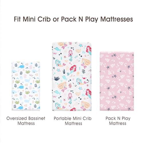 Image of PHF 3 Pack Soft Mini Crib Sheets, Mermaid Silky Pack N Play Sheets for Baby Boys Girls, Universal Fit for Pack N Play, Playard, Portable and Mini Crib Mattresses, Mermaid