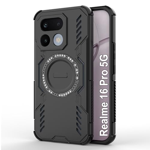 Image of amazon basics Back Case Cover for Realme 16 Pro 5G | Magnetic Case with Built-in Metal Ring | Supports MagSafe Charger, Wallet & Car Mount | Shockproof Hybrid PC + TPU | Black