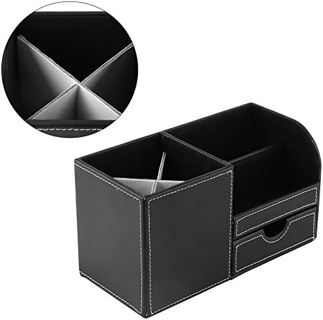 Miniatura 6 de Organizador de escritorio de oficina de piel sintética, 6 compartimentos + cajón para tarjetas de presentación, lápices, teléfono móvil, caja de