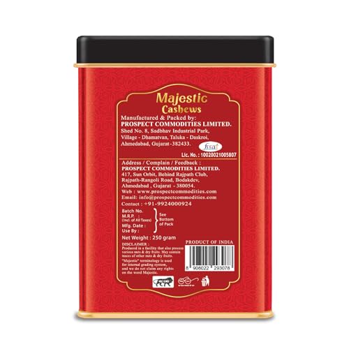 Image of DRIFRUTZ Majestic Cashew W180 | 250g Tin Pack | Whole Cashew Kernels | Suitable for Gourmet Preparation, Thoughtful Gifting, Tasting Platters, and Protein-Rich Indulgence