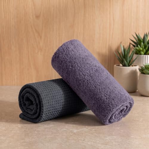 Image of Mush Bamboo Dual Texture Waffle Terry Hand Towel Set of 2 | Ultra Soft, Highly Absorbent, Quick Dry | Hand Towels for Bathroom, Gym & Travel (40x60 cm, 450 GSM) Charcoal & Ash Grey