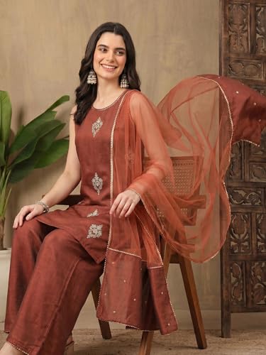 Image of Women's Floral Embroidered Silk Blend Kurta & Pant Set And Net Dupatta Ethnic Wear Salwar Suit Set (ES 2599)