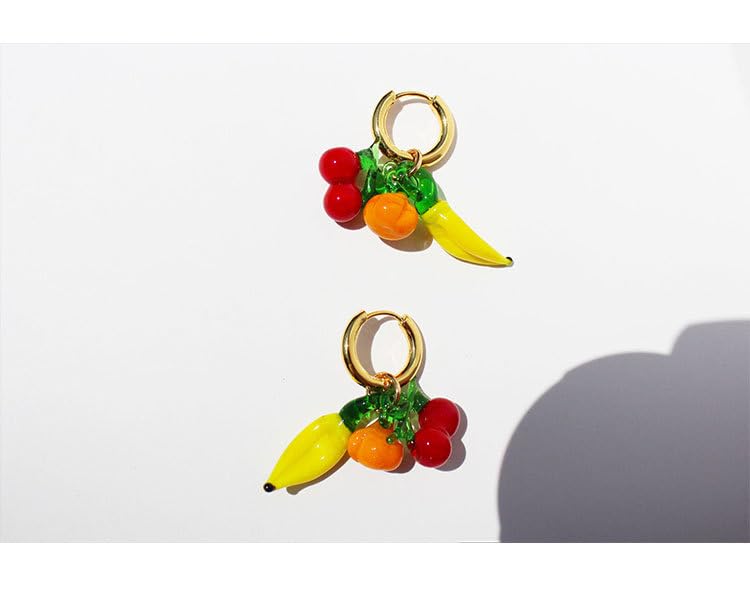 Fun Fruit Dangle Earrings for Women - Glass Cherry, Banana, Pumpkin Charms, 18K Gold - Plated Brass Hoops, Quirky Summer Statement Jewelry with Velvet Box3