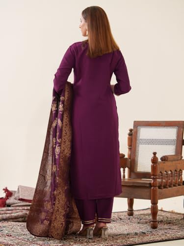 Image of Kaari Women's Embroidered Kurta Set with Pant & Dupatta | Ethnic Kurta Set for Women | Straight Fit | Round Neck | Festive, Wedding, Ceremony