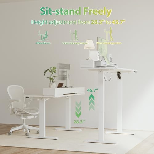 Image of Agilestic 63 Inch L Shaped Electric Standing Desk with Shelf, Height Adjustable Large Desk with Power Outlets & LED, Corner Sit Stand Up Table with Monitor Stand, Computer Workstation, Ivory
