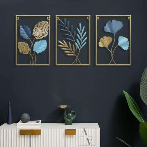 Image of Artemade Set of 3 Metal Wall Art Frames with Golden & Blue Leaf Design | Decorative Iron Wall Hanging for Living Room, Bedroom & Office