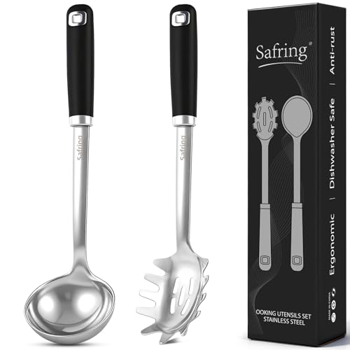 Safring Stainless Steel Soup Ladle and Spaghetti Spoon Set, Heat Resistant Rubber Handle, Dishwasher...