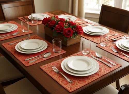 Image of Brocade Silk Placemats for Dinning Table 12 x 18 Inches Hand Embroidered, Set of 6 Decorative Placemats for Home (Orange)