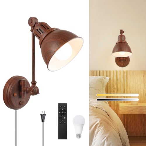 Image of GOODATE 1 Pack Plug in Wall Sconce with Remote Control, Dimming, Adjustable Colors 2700K-6500K, Plug in Wall Light, Swing Arm Wall Lamp with Night Light & Timer, LED Bulb Included, Walnut Finish