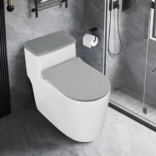 timecity Toilet Lid Cover Toilet Tank Cover Stretch Velvet Bathroom Toilet Lid Seat Cover Set Washable Soft Toilet Protector Cover,Fits Most Toilet Tanks & Lid, Light Grey