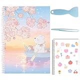 PRESSINART Libro de Pegatinas Reutilizables Rosa de 1 pulgada Tamaño A6 con Hojas de Pegatinas de Patrón de Cerezos Y Conejos Lindo Álbum Organizador de Colección de Pegatinas En Papel con 4 raspadore
