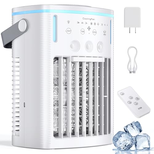 Portable Air Conditioners, 2025 Upgraded 4-IN-1 Cooling Fan, 1000ml Evaporative Air Cooler with 3-Speeds, 3-Level Humidify, 7-Color Night Light, 2-8H Timer, Personal AC Unit for Bedroom Office (White)
