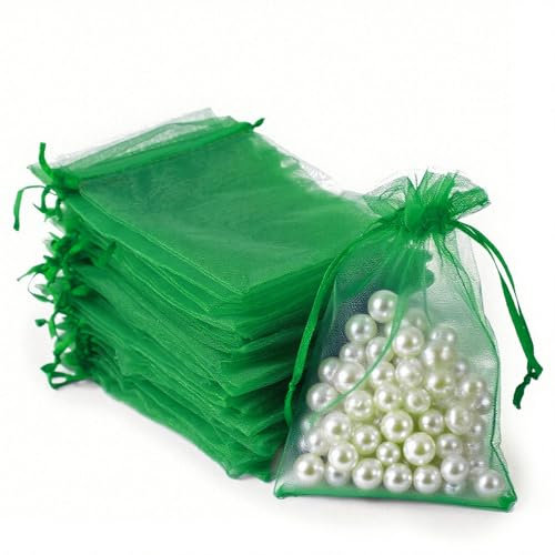 Image of YHJZ 100PCS Dark Green Organza Bags, 4x6 Inch Small Mesh Bags Drawstring, Jewelry Gift Bags for Birthday Party, Treats, Wedding