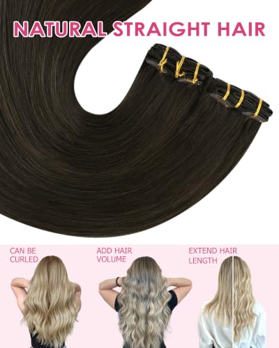 Image of YoungSee Ash Brown Clip in Hair Extensions Real Human Hair, Straight Hair Extensions Clip ins Dark Ash Brown, Invisible Clip in Extensions for Natural Look, 16In 120G 7Pcs Add Volume