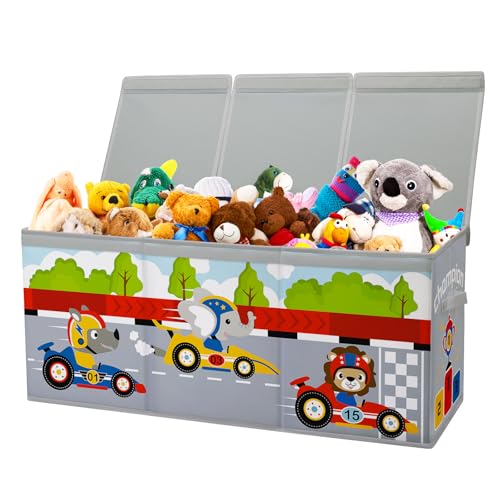 Caja de Juguete Extra Grande con Tapa Abatible, Caja Almacenaje Oxford Plegable con Asa para Niños Niñas, Baúl Juguetes y Almacenamiento Impermeable Resistente, 96×32×40 (Carreras de animales)