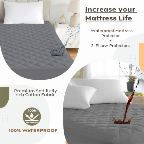Image of AYKA Combo Pack Waterproof Mattress Protector & 2 Pillow Protectors | King Size 78x60 Inch | 100% Waterproof Quilted Bed Protector | Breathable, Noiseless Mattress & Pillow Covers | Grey