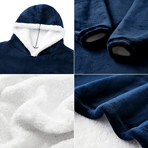 Eheyciga Wearable Blanket Hoodie For Women Men And Kids, Reversible Flannel Fleece Ultra Soft Plush Fuzzy Warm Sherpa Blanket Hoodie For Adult With Big Pockets, Navy, Regular Oversize #TOP3